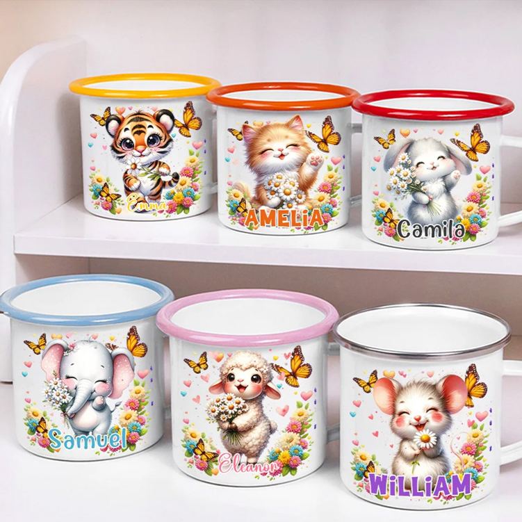 Personalized Wildflower Cute Animal Portable 12 oz Enamel Cup with Name Back to School Birthday Gift for Boys Girls