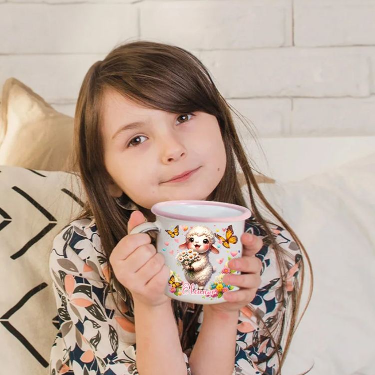 Personalized Wildflower Cute Animal Portable 12 oz Enamel Cup with Name Back to School Birthday Gift for Boys Girls