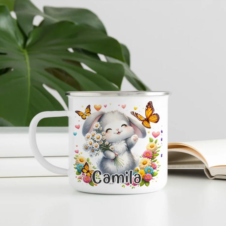 Personalized Wildflower Cute Animal Portable 12 oz Enamel Cup with Name Back to School Birthday Gift for Boys Girls