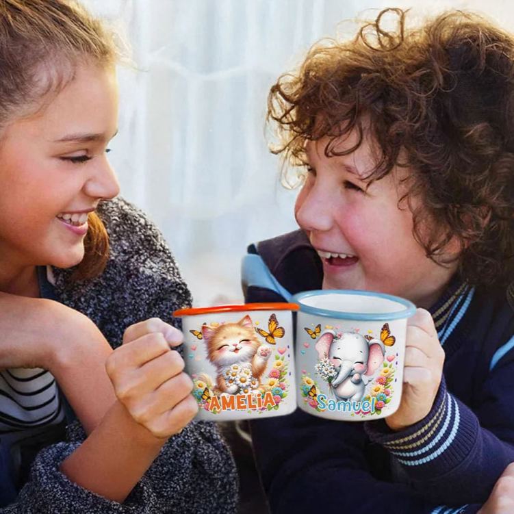Personalized Wildflower Cute Animal Portable 12 oz Enamel Cup with Name Back to School Birthday Gift for Boys Girls