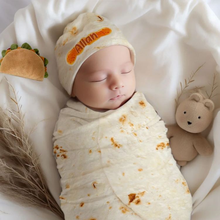 Personalized Tortilla Swaddle Blanket and Knot Hat Set with Name Birthday Baby Shower Gift for Newborns Babies