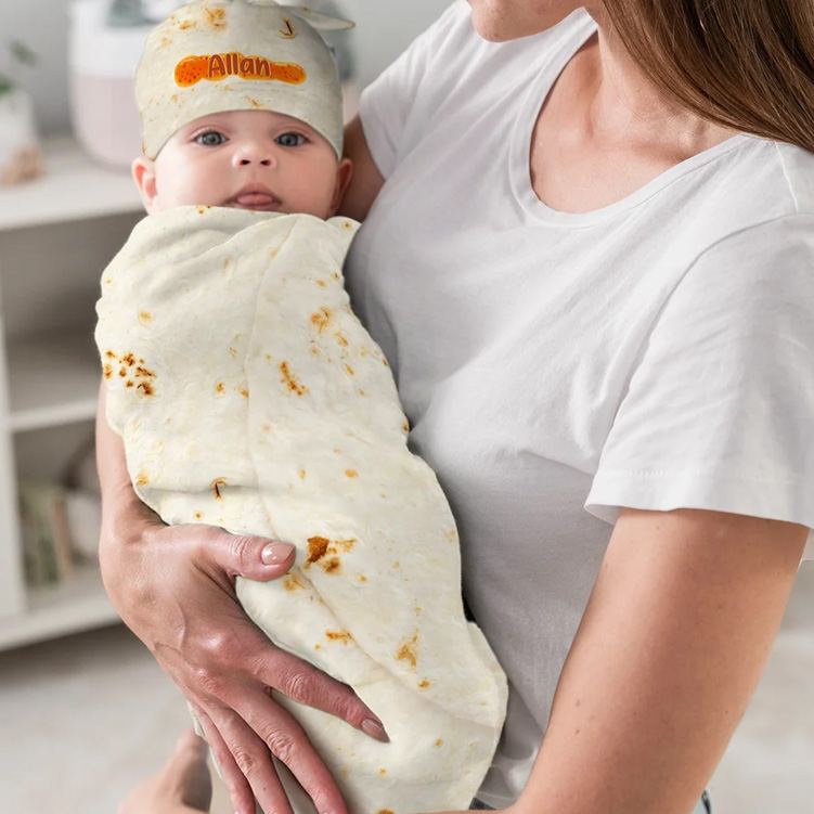Personalized Tortilla Swaddle Blanket and Knot Hat Set with Name Birthday Baby Shower Gift for Newborns Babies