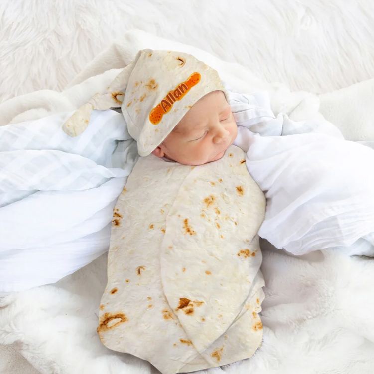 Personalized Tortilla Swaddle Blanket and Knot Hat Set with Name Birthday Baby Shower Gift for Newborns Babies