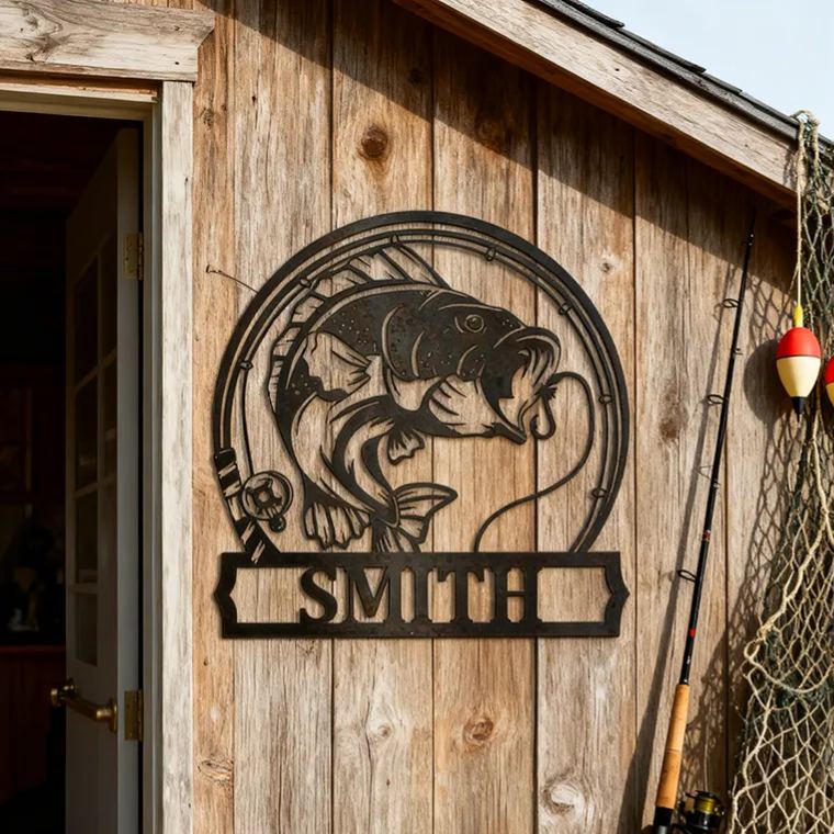 Personalized Fishing Metal Wall Art Bass Fish Metal Sign or Ornament Perfect for Anglers Cabin Home Decor or Unique Fishing Gifts