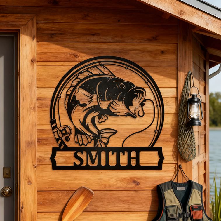 Personalized Fishing Metal Wall Art Bass Fish Metal Sign or Ornament Perfect for Anglers Cabin Home Decor or Unique Fishing Gifts