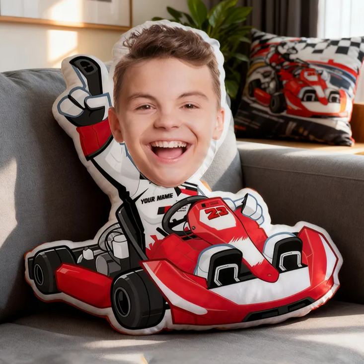 Personalized Kart Racing Custom Face Pillow Custom Name and Color Race Car Driver Shaped Cushion Gift for Kids and Car Lovers