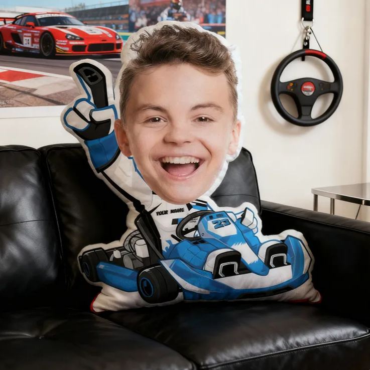 Personalized Kart Racing Custom Face Pillow Custom Name and Color Race Car Driver Shaped Cushion Gift for Kids and Car Lovers