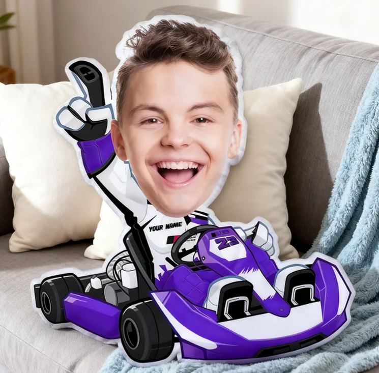 Personalized Kart Racing Custom Face Pillow Custom Name and Color Race Car Driver Shaped Cushion Gift for Racing and Car Lovers