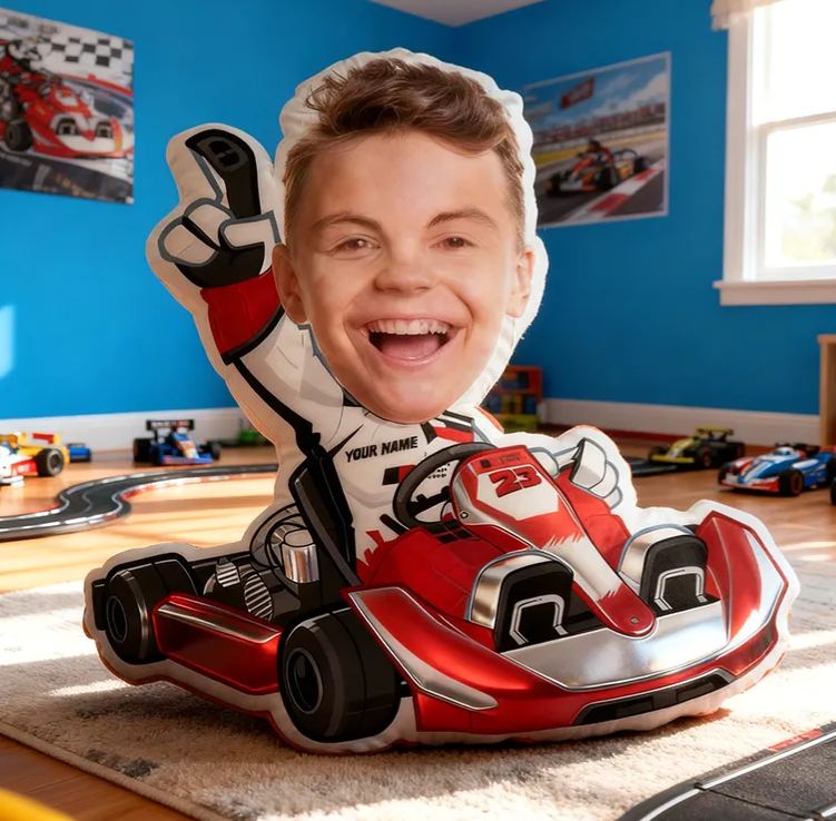 Personalized Kart Racing Custom Face Pillow Custom Name and Color Race Car Driver Shaped Cushion Gift for Kids and Car Lovers