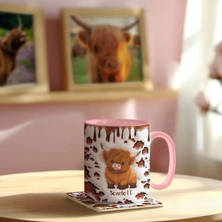 Personalized Ceramic Coffee Mug with Name and Coaster Birthday Gift for Highland Cow Lovers