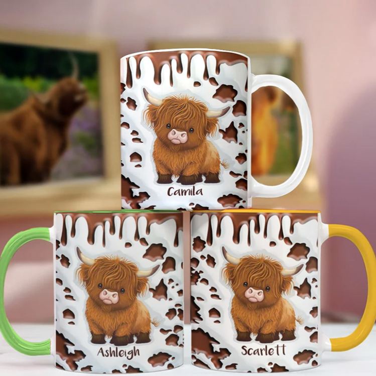 Personalized Ceramic Coffee Mug with Name and Coaster Birthday Gift for Highland Cow Lovers