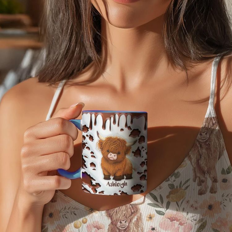 Personalized Ceramic Coffee Mug with Name and Coaster Birthday Gift for Highland Cow Lovers