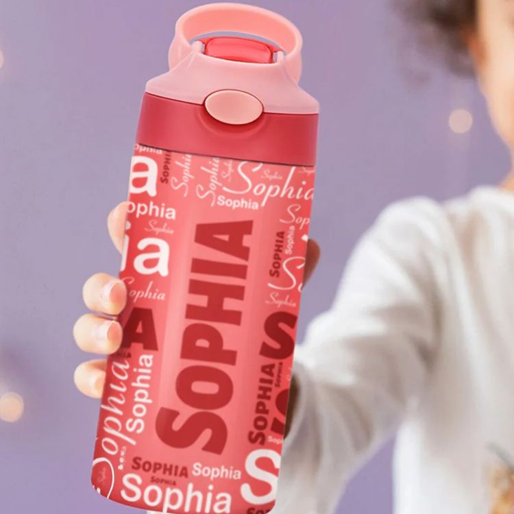 Personalized Colorful 12oz Name Water Bottle with Silicone Straw and Spill Proof Lid Children's Day Back to School Gift for Kids