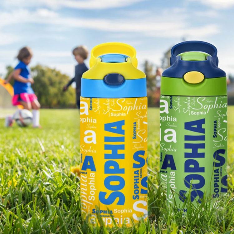 Personalized Colorful 12oz Name Water Bottle with Silicone Straw and Spill Proof Lid Children's Day Back to School Gift for Kids