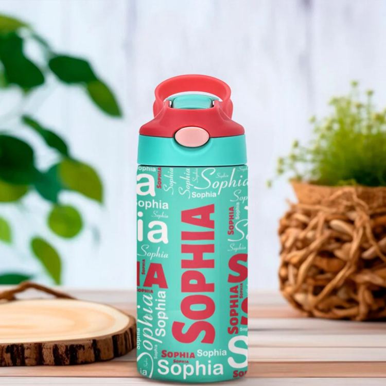 Personalized Colorful 12oz Name Water Bottle with Silicone Straw and Spill Proof Lid Children's Day Back to School Gift for Kids