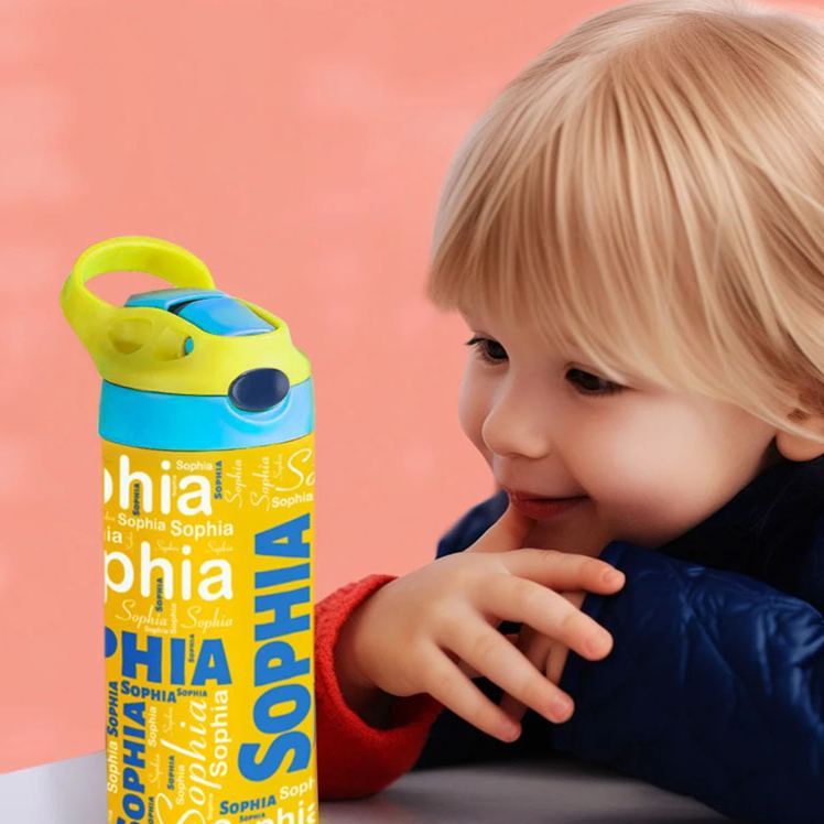 Personalized Colorful 12oz Name Water Bottle with Silicone Straw and Spill Proof Lid Children's Day Back to School Gift for Kids