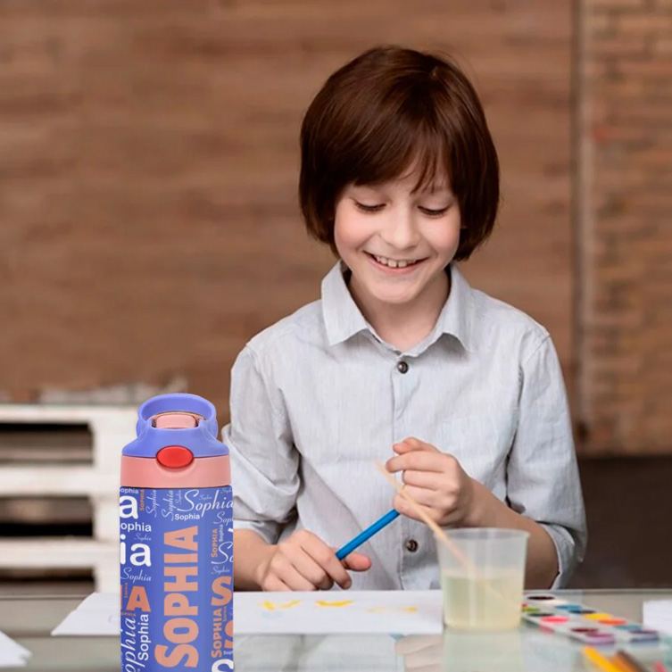 Personalized Colorful 12oz Name Water Bottle with Silicone Straw and Spill Proof Lid Children's Day Back to School Gift for Kids