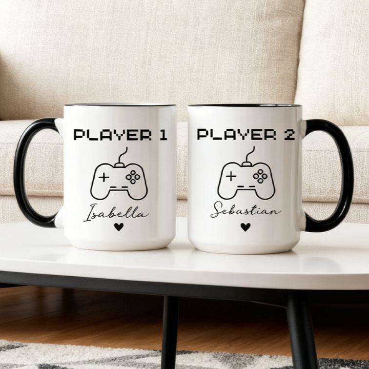 Personalized Gamer Couple Mugs Player 1 Player 2 Mugs Matching Gaming Mugs Retro Game Mugs Custom Gamer Coffee Mugs Gift for Couple Gamer Geek Gift
