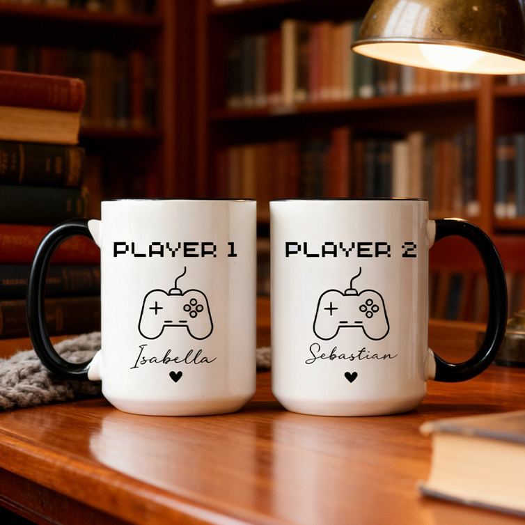 Personalized Gamer Couple Mugs Player 1 Player 2 Mugs Matching Gaming Mugs Retro Game Mugs Custom Gamer Coffee Mugs Gift for Couple Gamer Geek Gift