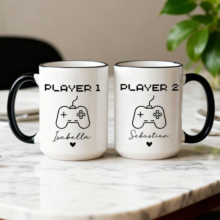 Personalized Gamer Couple Mugs Player 1 Player 2 Mugs Matching Gaming Mugs Retro Game Mugs Custom Gamer Coffee Mugs Gift for Couple Gamer Geek Gift