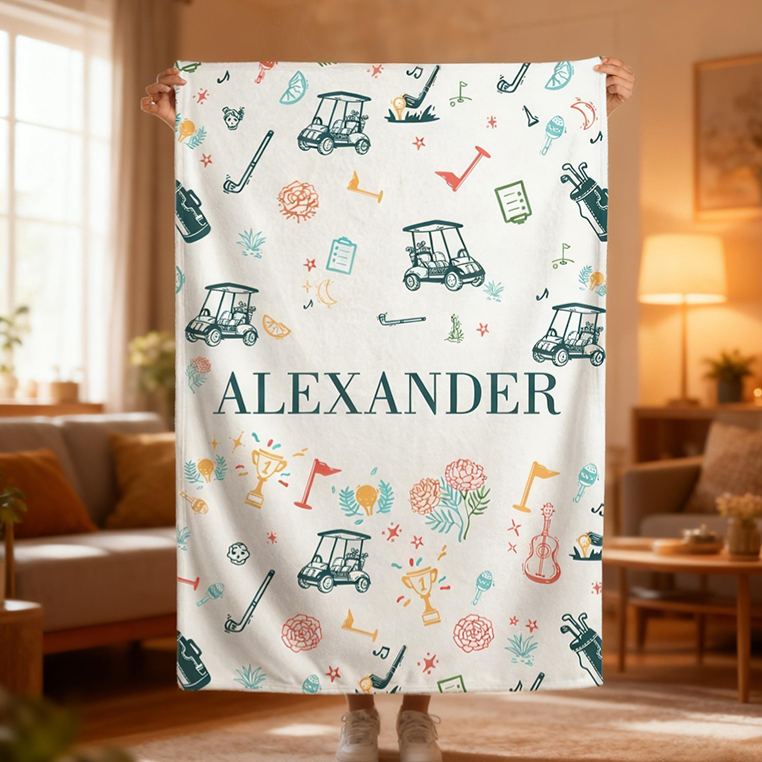 Personalized Golf Style Blanket Custom Name Gift for Golfers Players Course