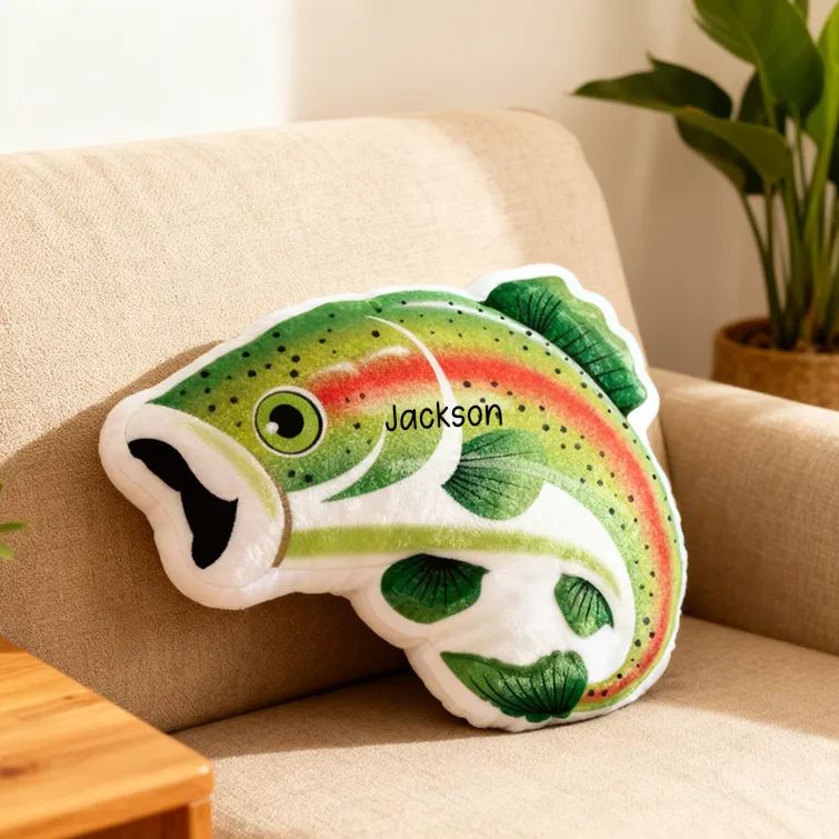 Personalized Fish Pillow Rainbow Trout Pillow Custom Name Graphic 3D Print Soft Plush Gift for Fishing Lovers Kids and Home Decor