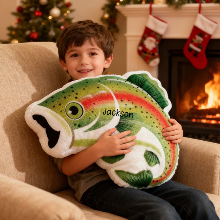 Personalized Fish Pillow Rainbow Trout Pillow Custom Name Graphic 3D Print Soft Plush Gift for Fishing Lovers Kids and Home Decor