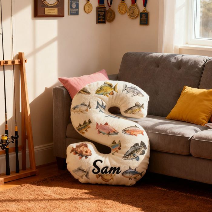 Personalized Fishing Letter Pillow Funny Fishing Pillow Custom Name Cushion with Realistic Fish Prints Graphic 3D Print Soft and Unique Gift for Fishing Enthusiasts and Home Decor