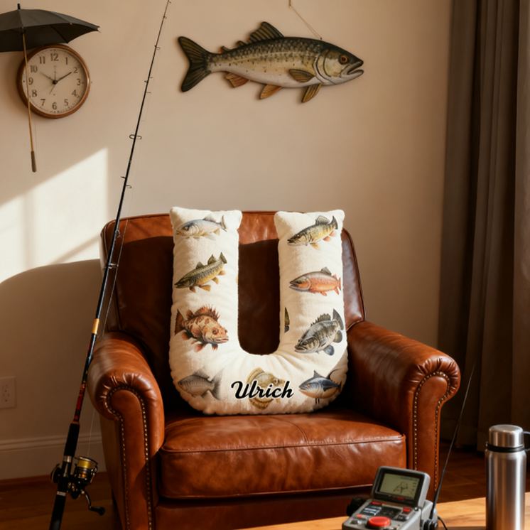 Personalized Fishing Letter Pillow Funny Fishing Pillow Custom Name Cushion with Realistic Fish Prints Graphic 3D Print Soft and Unique Gift for Fishing Enthusiasts and Home Decor