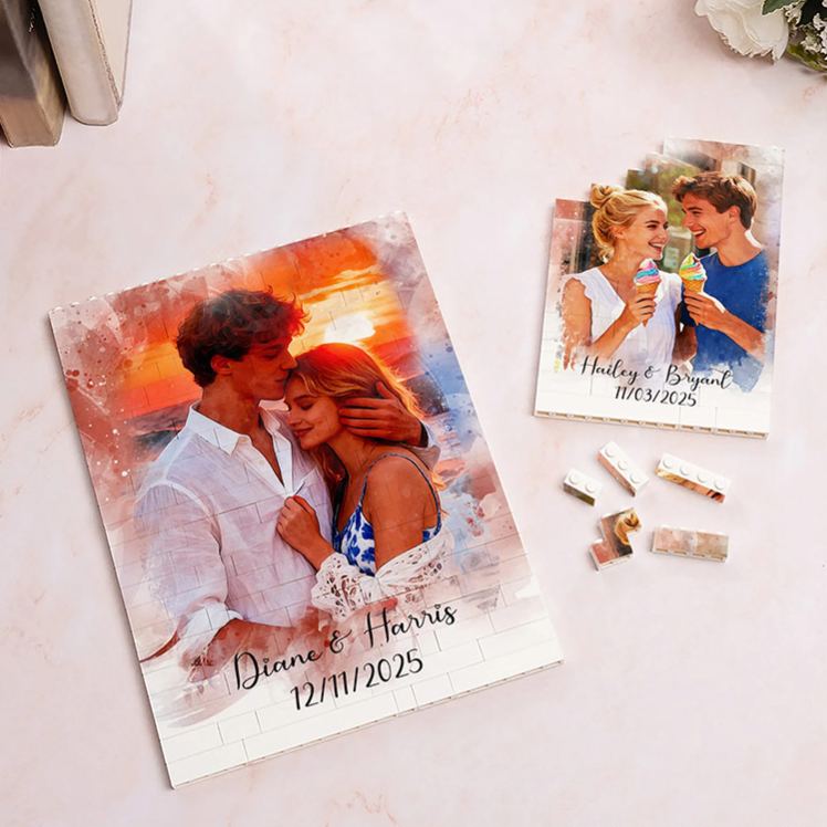 Personalized Couple Photo Art Building Blocks Custom Name Date Photo Blocks Valentine's Day Gift for Boyfriend Girlfriend Husband Wife Anniversary Gift