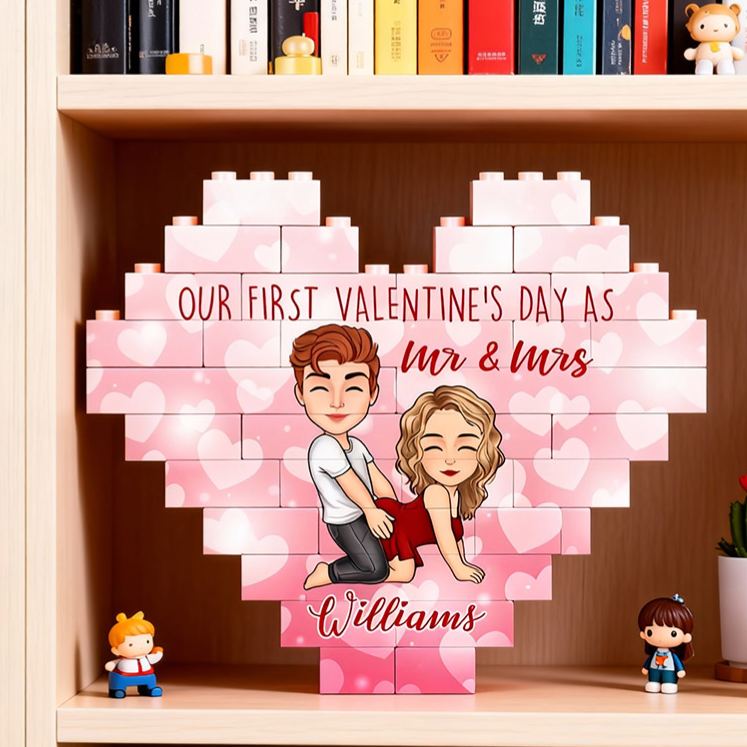 Personalized Valentine's Couple Heart Building Block Puzzle Custom Cartoon Couple Heart Plaque Valentine's Day Anniversary Gift for Couple