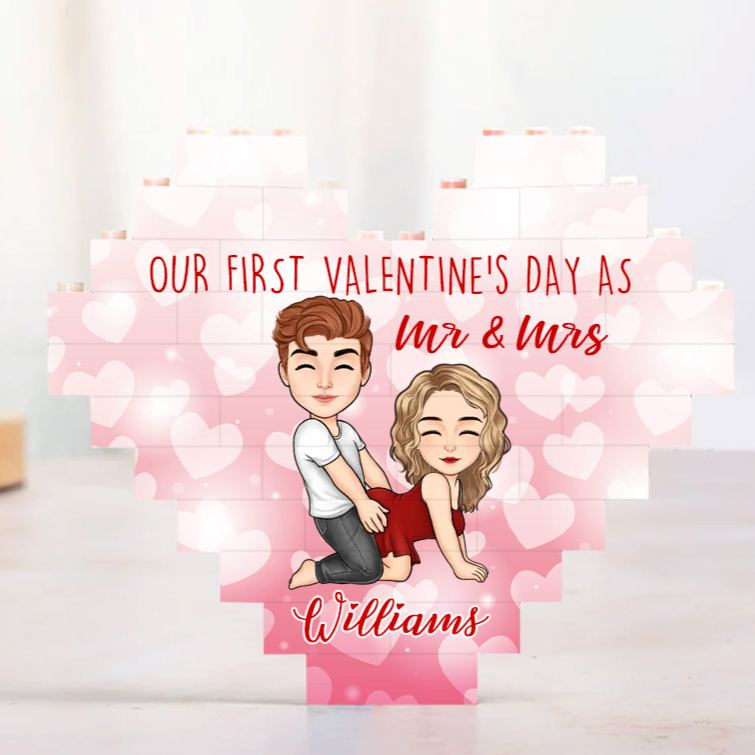 Personalized Valentine's Couple Heart Building Block Puzzle Custom Cartoon Couple Heart Plaque Valentine's Day Anniversary Gift for Couple