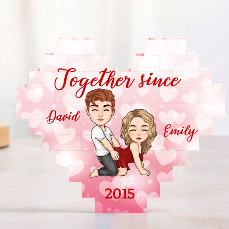 Personalized Valentine's Couple Heart Building Block Puzzle Custom Cartoon Couple Heart Plaque Valentine's Day Anniversary Gift for Couple