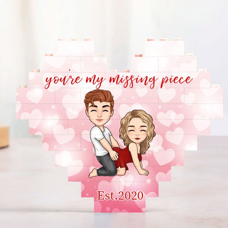 Personalized Valentine's Couple Heart Building Block Puzzle Custom Cartoon Couple Heart Plaque Valentine's Day Anniversary Gift for Couple