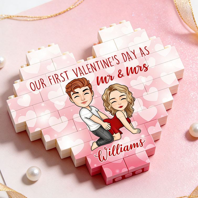 Personalized Valentine's Couple Heart Building Block Puzzle Custom Cartoon Couple Heart Plaque Valentine's Day Anniversary Gift for Couple