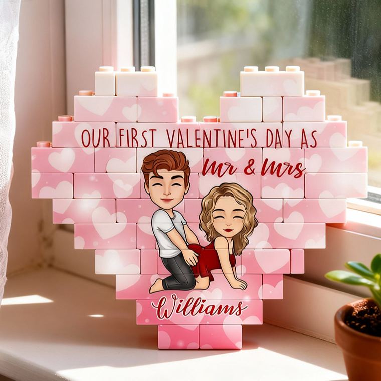 Personalized Valentine's Couple Heart Building Block Puzzle Custom Cartoon Couple Heart Plaque Valentine's Day Anniversary Gift for Couple