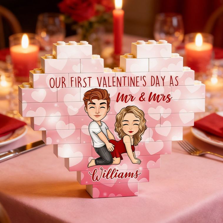 Personalized Valentine's Couple Heart Building Block Puzzle Custom Cartoon Couple Heart Plaque Valentine's Day Anniversary Gift for Couple