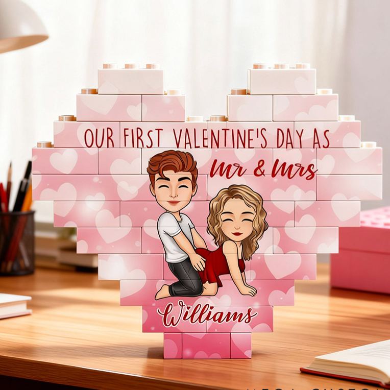 Personalized Valentine's Couple Heart Building Block Puzzle Custom Cartoon Couple Heart Plaque Valentine's Day Anniversary Gift for Couple