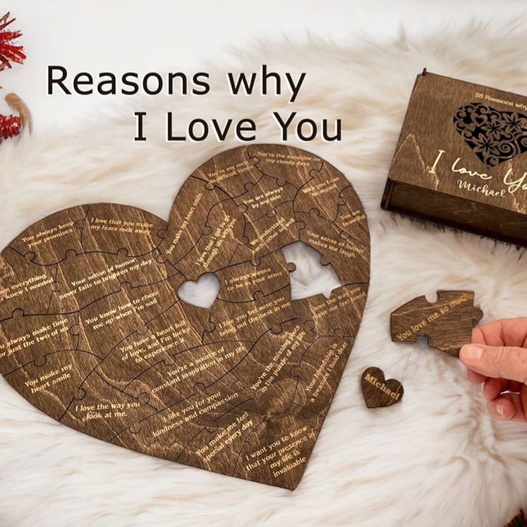 Personalized Couple Wooden Heart Puzzle Reasons Why I Love You Box Custom Anniversary Gift for Husband Wife Boyfriend Girlfriend Bride Groom