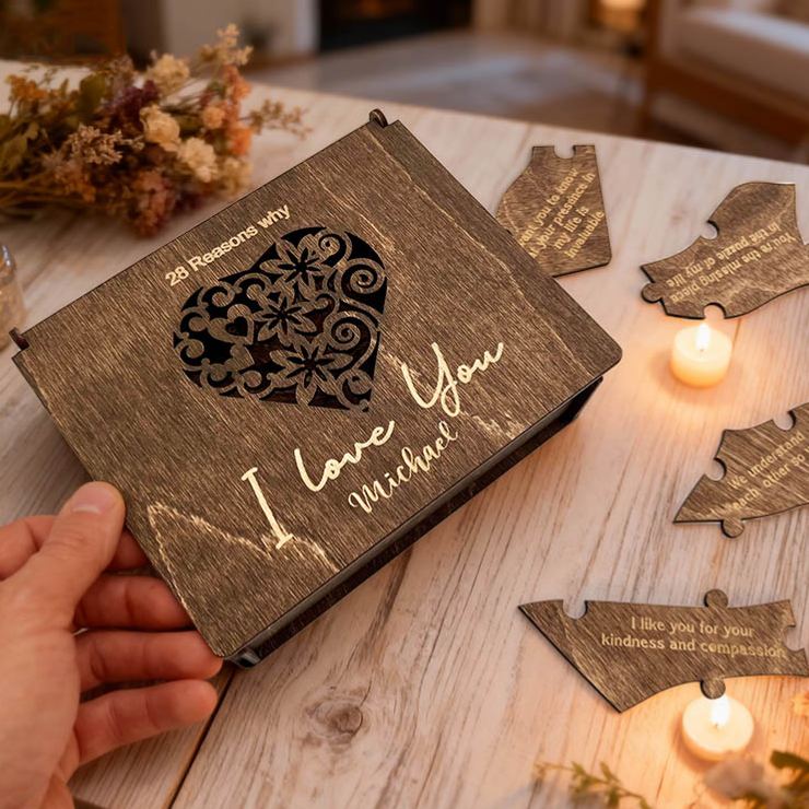 Personalized Couple Wooden Heart Puzzle Reasons Why I Love You Box Custom Anniversary Gift for Husband Wife Boyfriend Girlfriend Bride Groom