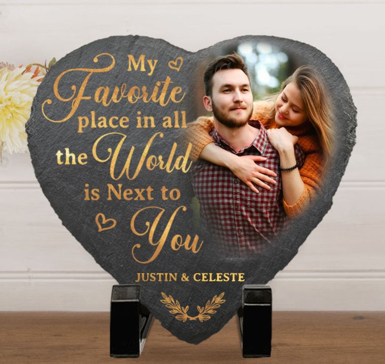 Personalized Couple Photo My Favorite Place In All The World Is Next To You Heart Shaped Stone With Stand First Christmas Gift Valentine's Day Gift