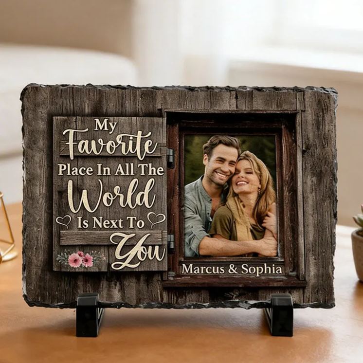 Personalized Couple Photo My Favorite Place in All the World is Next To You Rectangle Shaped Stone with Stand Anniversary Gift Valentines Day Gift