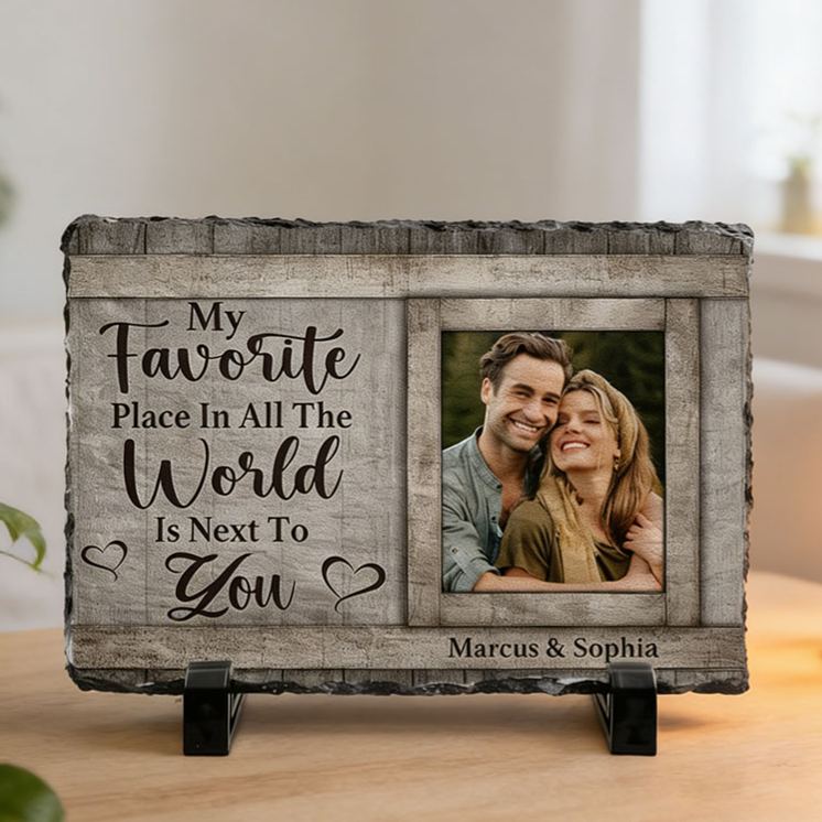 Personalized Couple Photo My Favorite Place in All the World is Next To You Rectangle Shaped Stone with Stand Anniversary Gift Valentines Day Gift