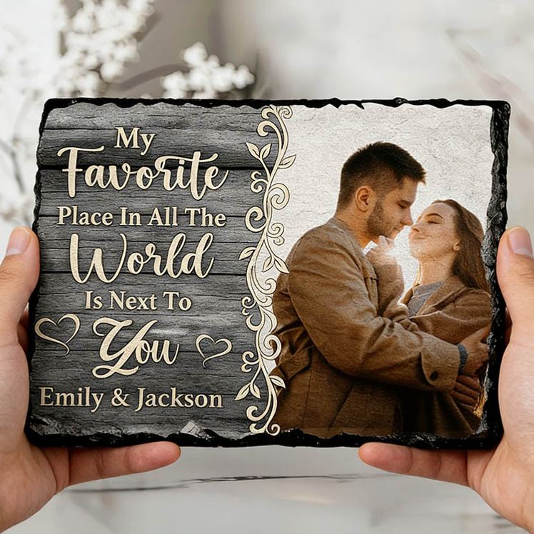 Personalized Couple Photo My Favorite Place in All the World is Next To You Rectangle Shaped Stone with Stand Anniversary Gift Valentines Day Gift