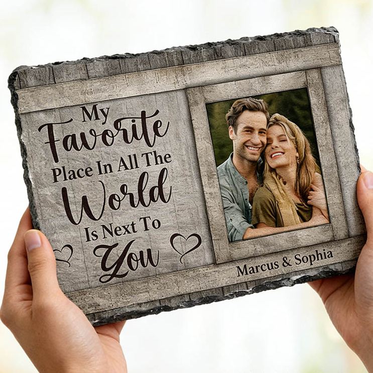 Personalized Couple Photo My Favorite Place in All the World is Next To You Rectangle Shaped Stone with Stand Anniversary Gift Valentines Day Gift