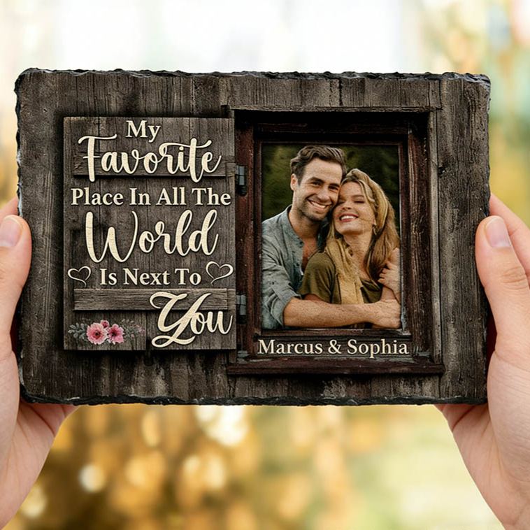 Personalized Couple Photo My Favorite Place in All the World is Next To You Rectangle Shaped Stone with Stand Anniversary Gift Valentines Day Gift