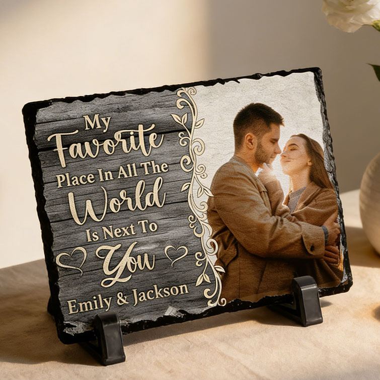 Personalized Couple Photo My Favorite Place in All the World is Next To You Rectangle Shaped Stone with Stand Anniversary Gift Valentines Day Gift