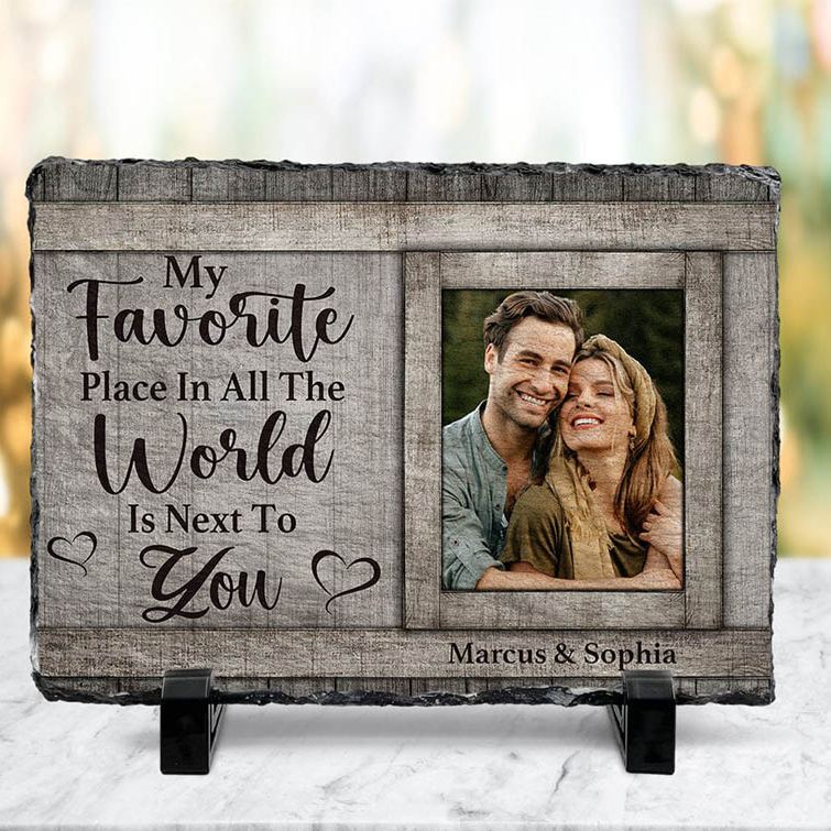 Personalized Couple Photo My Favorite Place in All the World is Next To You Rectangle Shaped Stone with Stand Anniversary Gift Valentines Day Gift