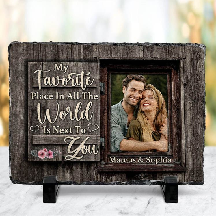 Personalized Couple Photo My Favorite Place in All the World is Next To You Rectangle Shaped Stone with Stand Anniversary Gift Valentines Day Gift