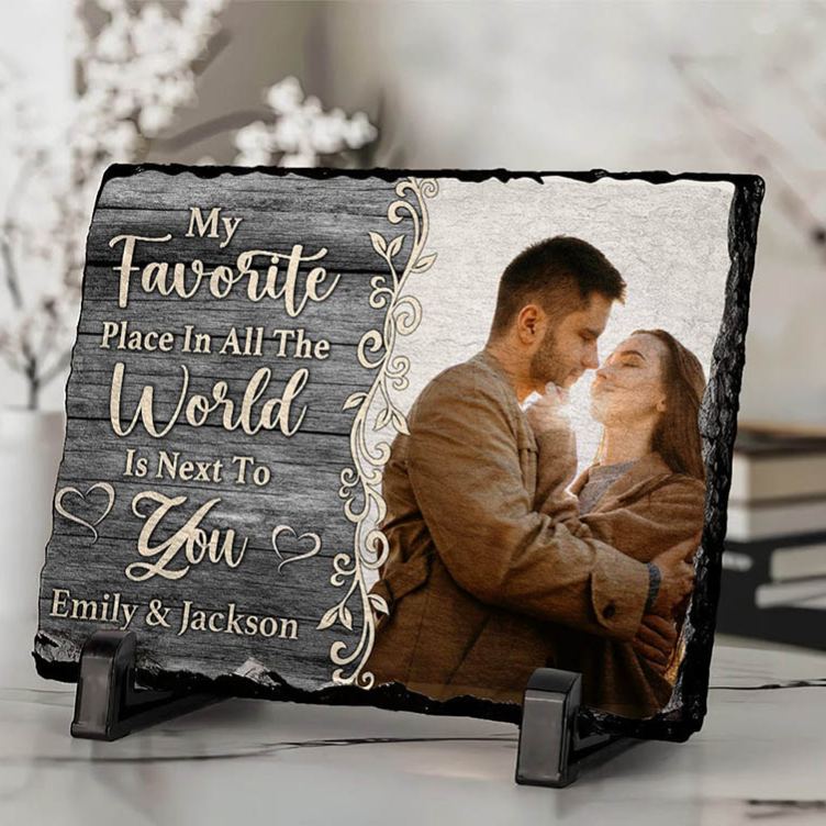 Personalized Couple Photo My Favorite Place in All the World is Next To You Rectangle Shaped Stone with Stand Anniversary Gift Valentines Day Gift
